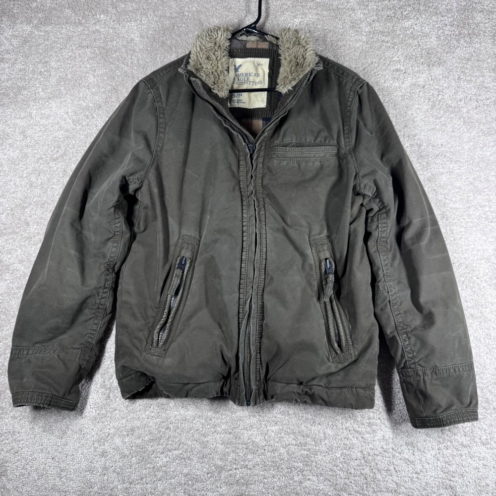 VTG American Eagle Men Olive Green Canvas Field Jacket Faux Fur Collar Small S/P